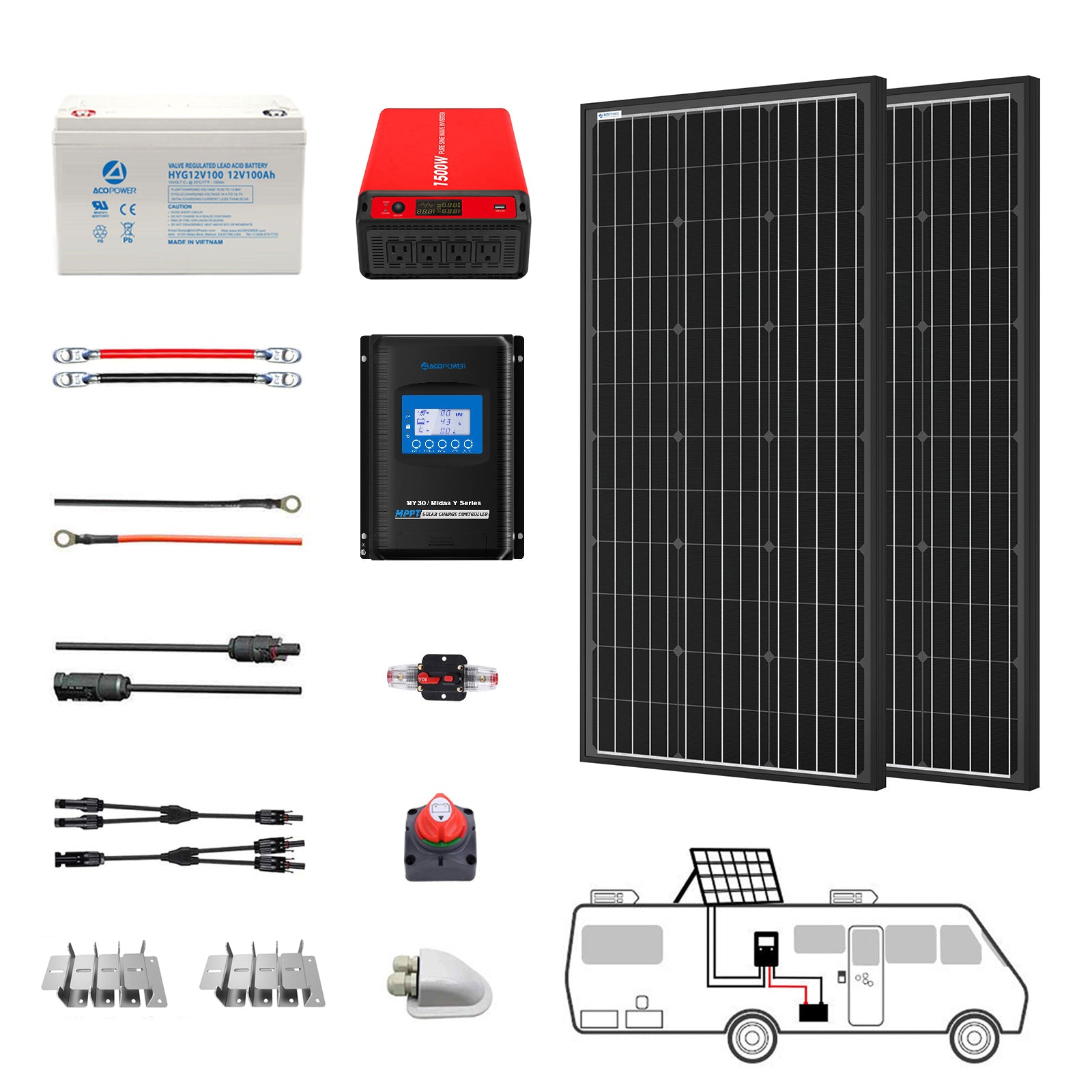 Sistema solar monovolumen ACOPOWER de 200 W para vehículos recreativos