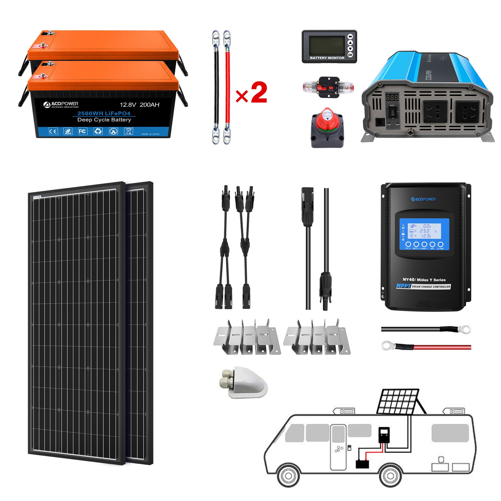 ACOPOWER 200Ah Batería 200W Sistema de energía solar