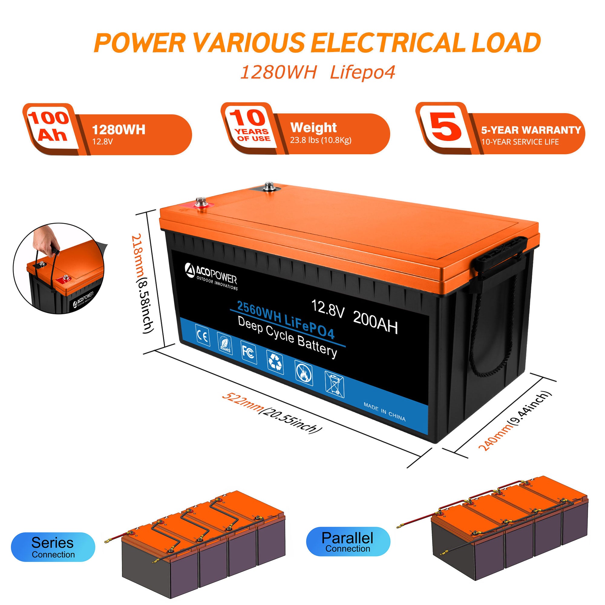 ACOPOWER 200Ah Batería 200W Sistema de energía solar